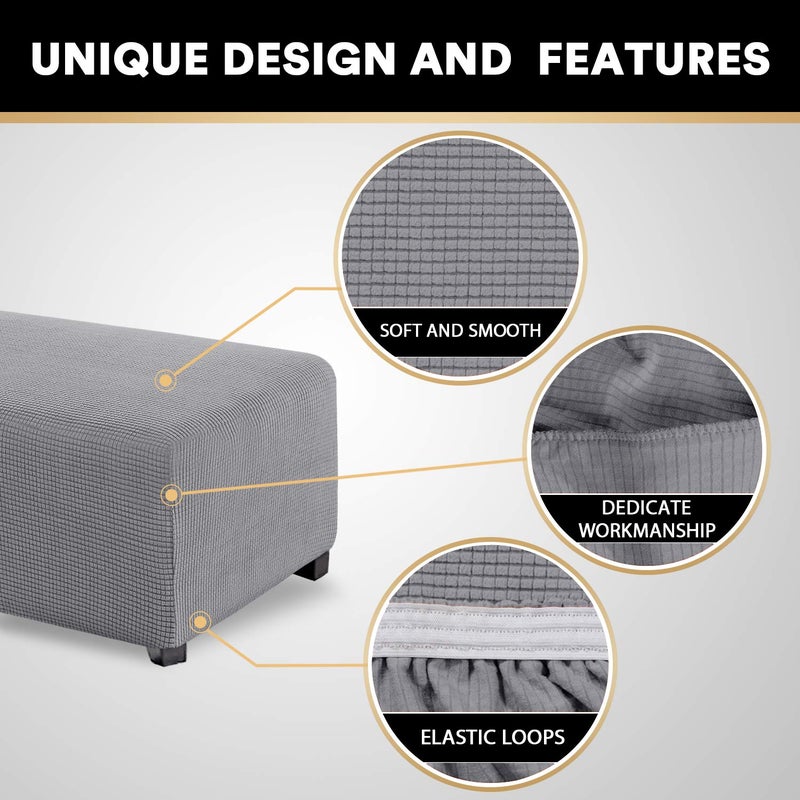 PrinceDeco Stretch Ottoman Cover Ottoman Slipcovers Rectangle for Living Room Foot Stool Stretch Covers to Fit Ottoman Foot Rest, Thick Checked Jacquard Fabric with Elastic Bottom (Large Size, Dove) - Image 3